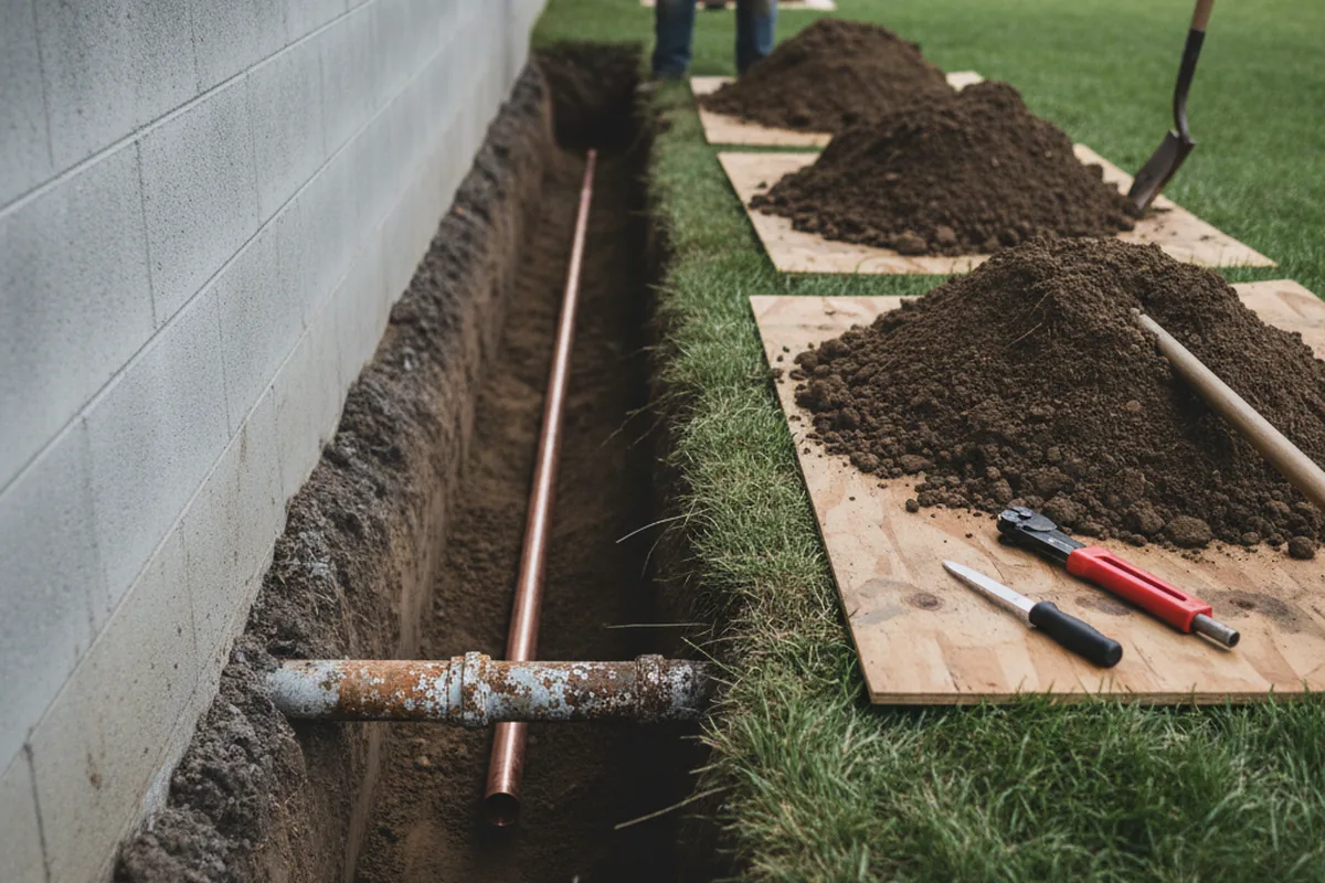 Excavated water line trench during Water Softener Installation in Chicago Ridge